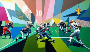 A fractured, cubist-style painting depicting a football running play, with the players and field broken down into sharp, overlapping geometric shapes in the team colors of the Saints and their opponent.