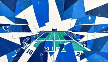 A cubist, geometric painting depicting a fragmented football field with players and ball in overlapping, angular shapes in shades of blue and white, conveying the dynamic energy and strategic complexity of the sport.
