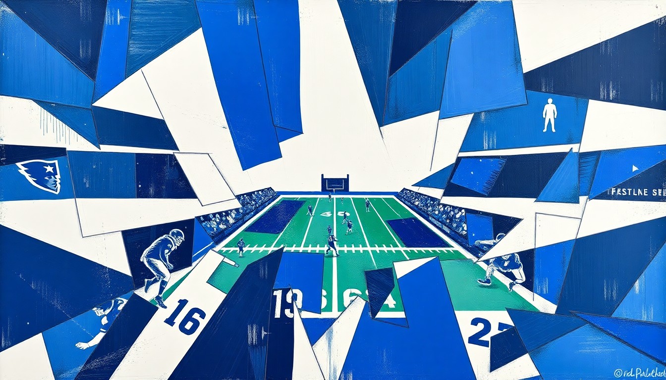 A cubist, geometric painting depicting a fragmented football field with players and ball in overlapping, angular shapes in shades of blue and white, conveying the dynamic energy and strategic complexity of the sport.