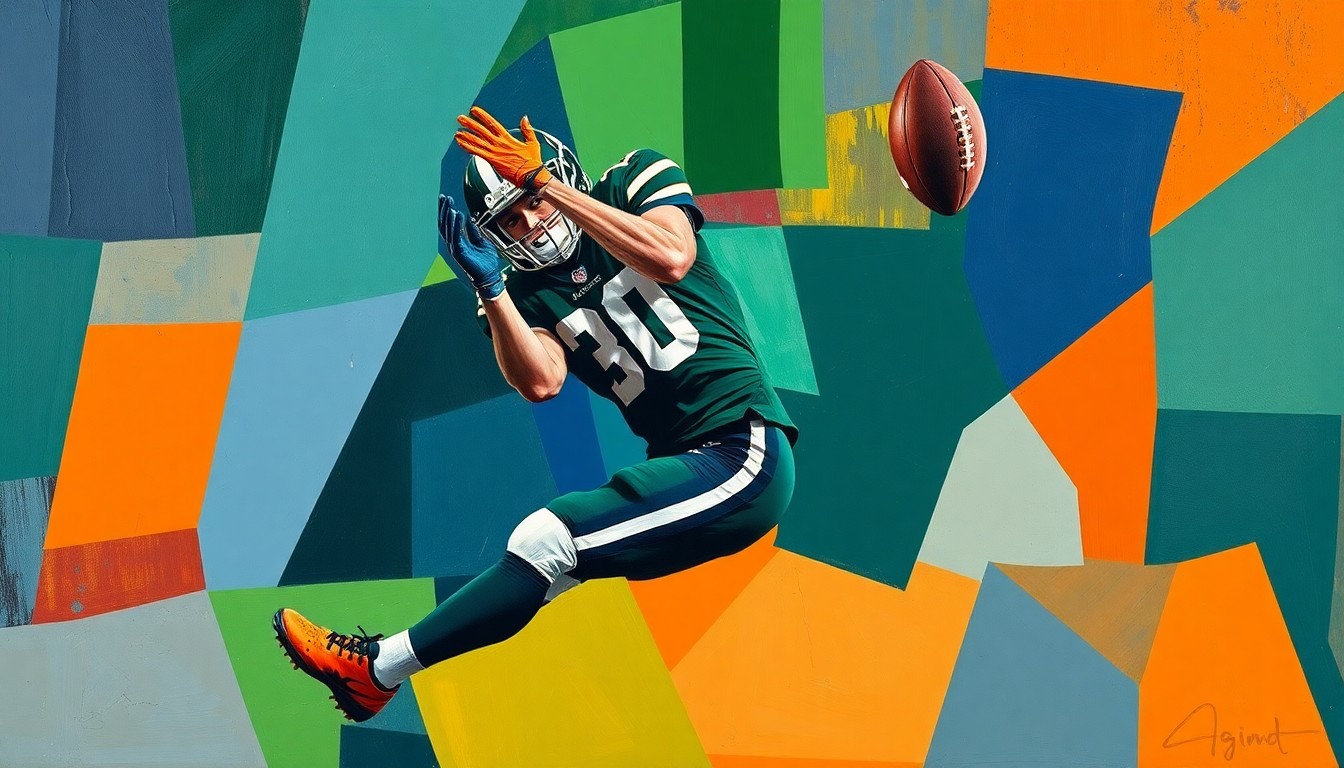 A fragmented, geometric painting depicting a football player in mid-air making a catch, with sharp planes of color and overlapping perspectives conveying the dynamic energy of the play.