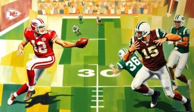 A fractured, cubist-style painting depicting a football game between the Kansas City Chiefs and New York Jets, with the players