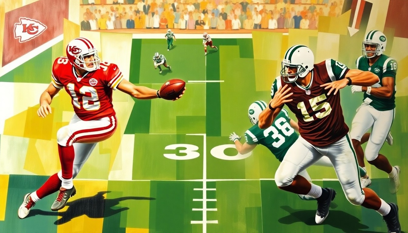 A fractured, cubist-style painting depicting a football game between the Kansas City Chiefs and New York Jets, with the players
