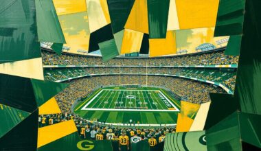 A fractured, cubist-style painting depicting a football game at Lambeau Field, with the field, players, and crowd broken down into overlapping geometric shapes and planes in shades of green, gold, and white.