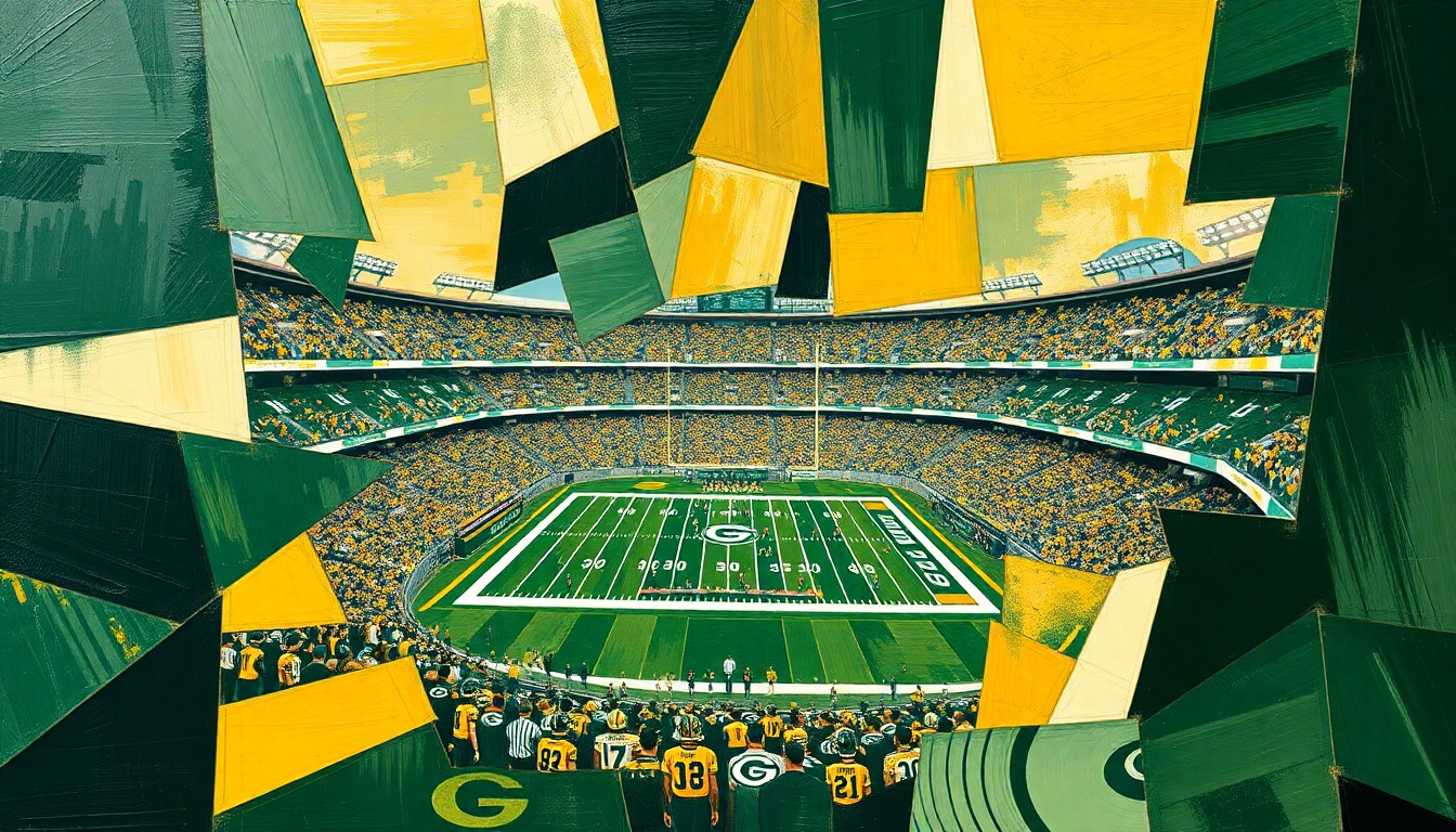 A fractured, cubist-style painting depicting a football game at Lambeau Field, with the field, players, and crowd broken down into overlapping geometric shapes and planes in shades of green, gold, and white.