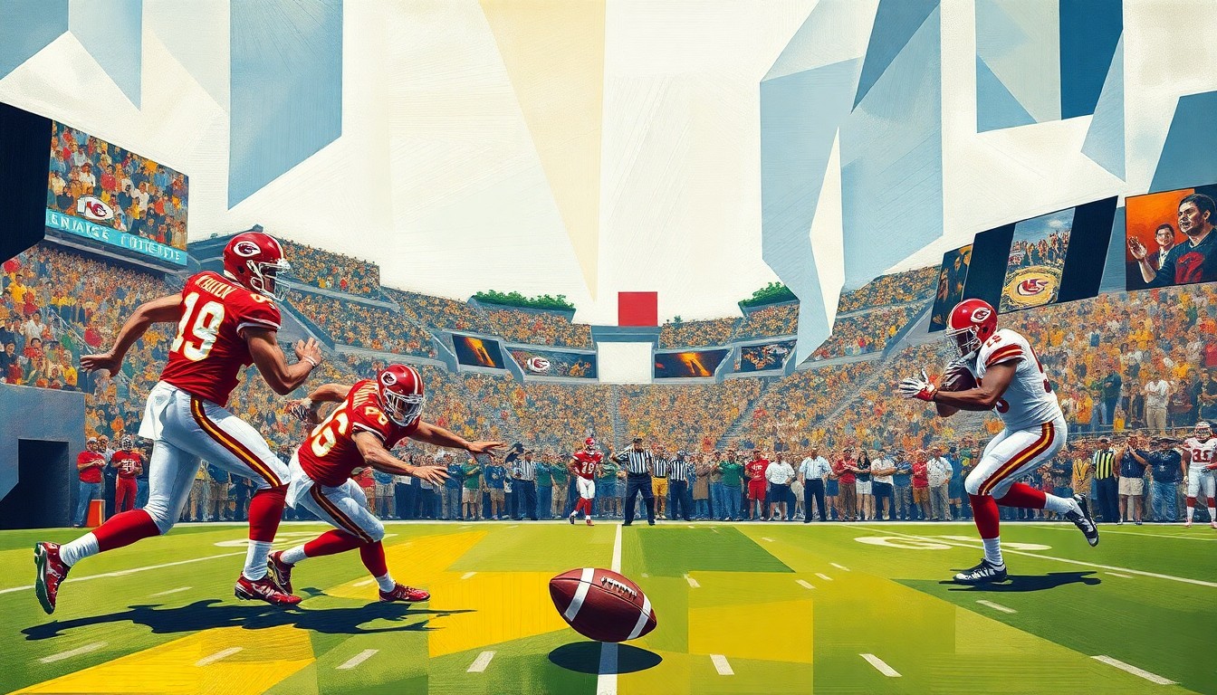 A fractured, cubist-style painting depicting a football game, with the players and ball represented through sharp, overlapping geometric shapes and planes, capturing the dynamic movement and energy of the sport.