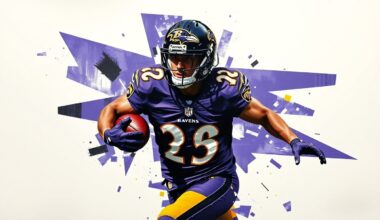 A cubist, geometric painting depicting a football player in motion, with sharp, overlapping planes of purple, black, and gold representing the Baltimore Ravens