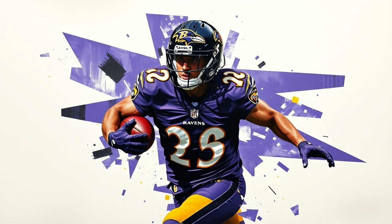 A cubist, geometric painting depicting a football player in motion, with sharp, overlapping planes of purple, black, and gold representing the Baltimore Ravens