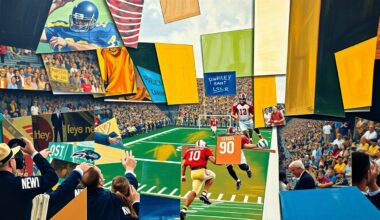 A cubist, geometric painting depicting a fragmented and overlapping football game, capturing the complexity and multifaceted nature of the NFL Draft process.