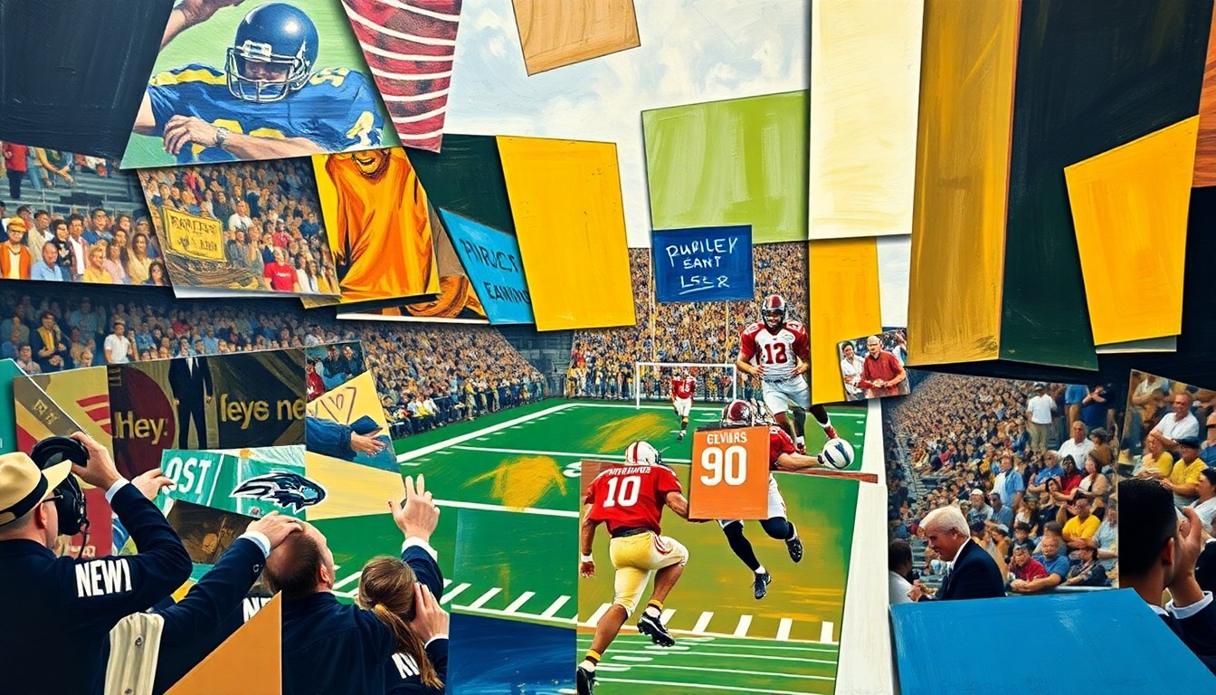 A cubist, geometric painting depicting a fragmented and overlapping football game, capturing the complexity and multifaceted nature of the NFL Draft process.