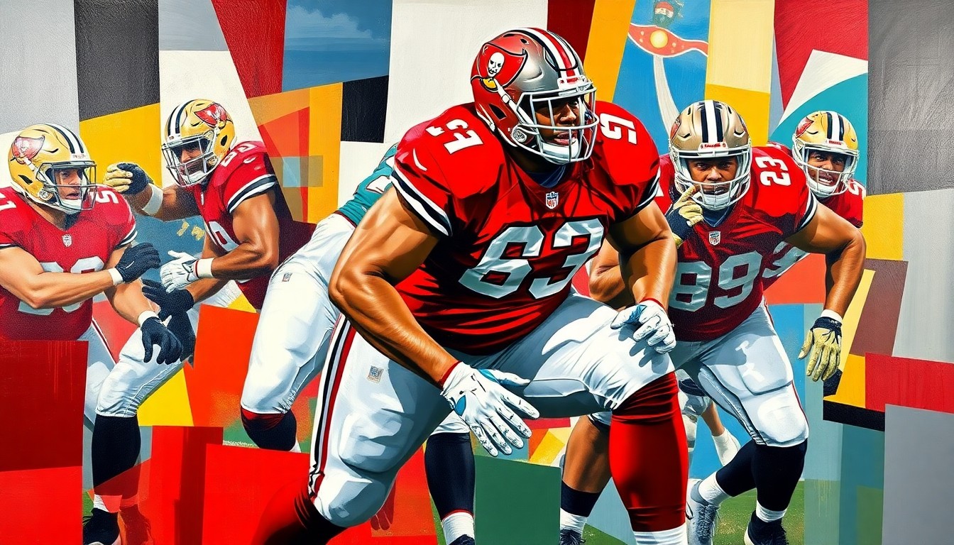 A fragmented, cubist-style painting depicting the dynamic movements of a football offensive lineman, with sharp geometric shapes and planes in the Buccaneers