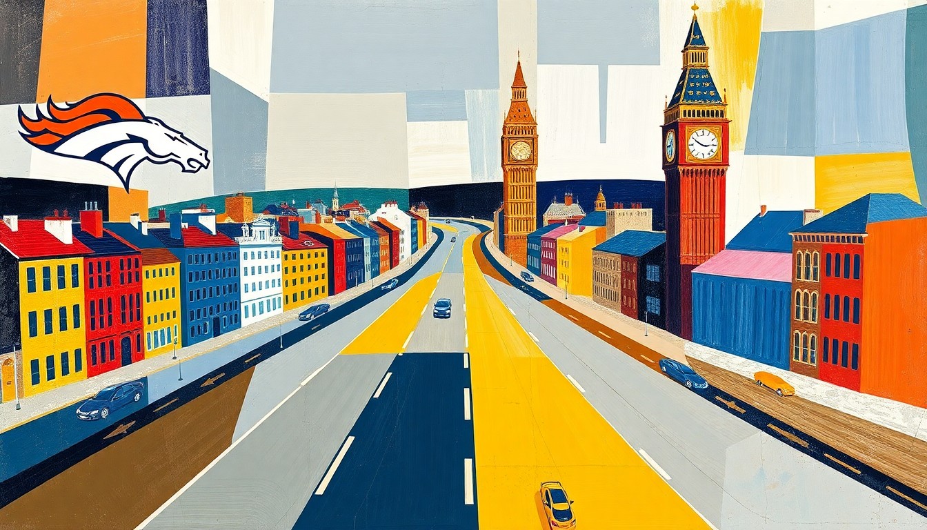 A cubist-style painting featuring fragmented, geometric shapes in shades of blue, orange, and green, conceptually representing the logistical challenges and multi-faceted nature of an NFL team