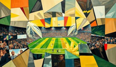 A cubist, geometric painting depicting a fragmented football game, with sharp, overlapping shapes and planes representing the complex strategic decisions facing the Chargers