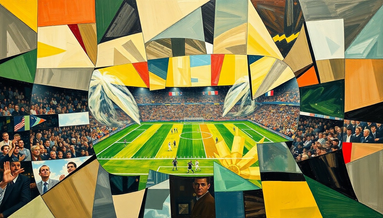 A cubist, geometric painting depicting a fragmented football game, with sharp, overlapping shapes and planes representing the complex strategic decisions facing the Chargers
