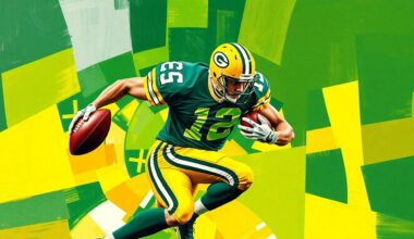 A cubist-style painting depicting a football player in motion, broken down into overlapping geometric shapes in the Packers