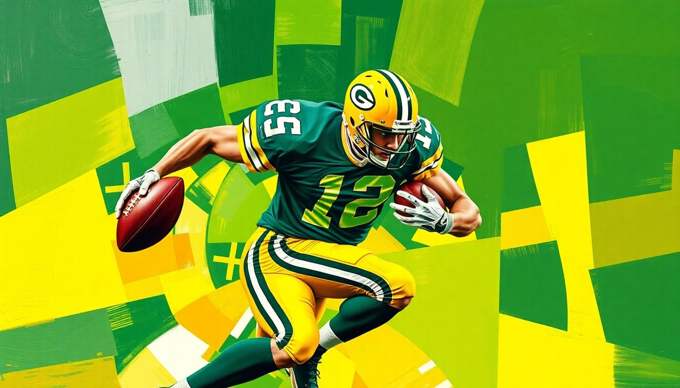 A cubist-style painting depicting a football player in motion, broken down into overlapping geometric shapes in the Packers