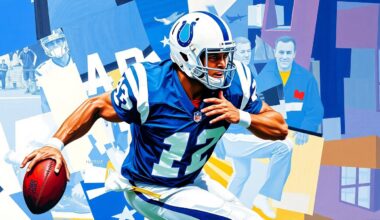 A fractured, multi-perspective painting depicting a football player in motion, with sharp, overlapping geometric planes in the Colts