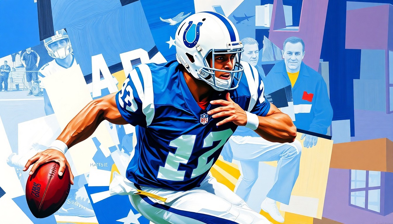 A fractured, multi-perspective painting depicting a football player in motion, with sharp, overlapping geometric planes in the Colts