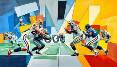A fragmented, cubist-style painting depicting an offensive line play, with players