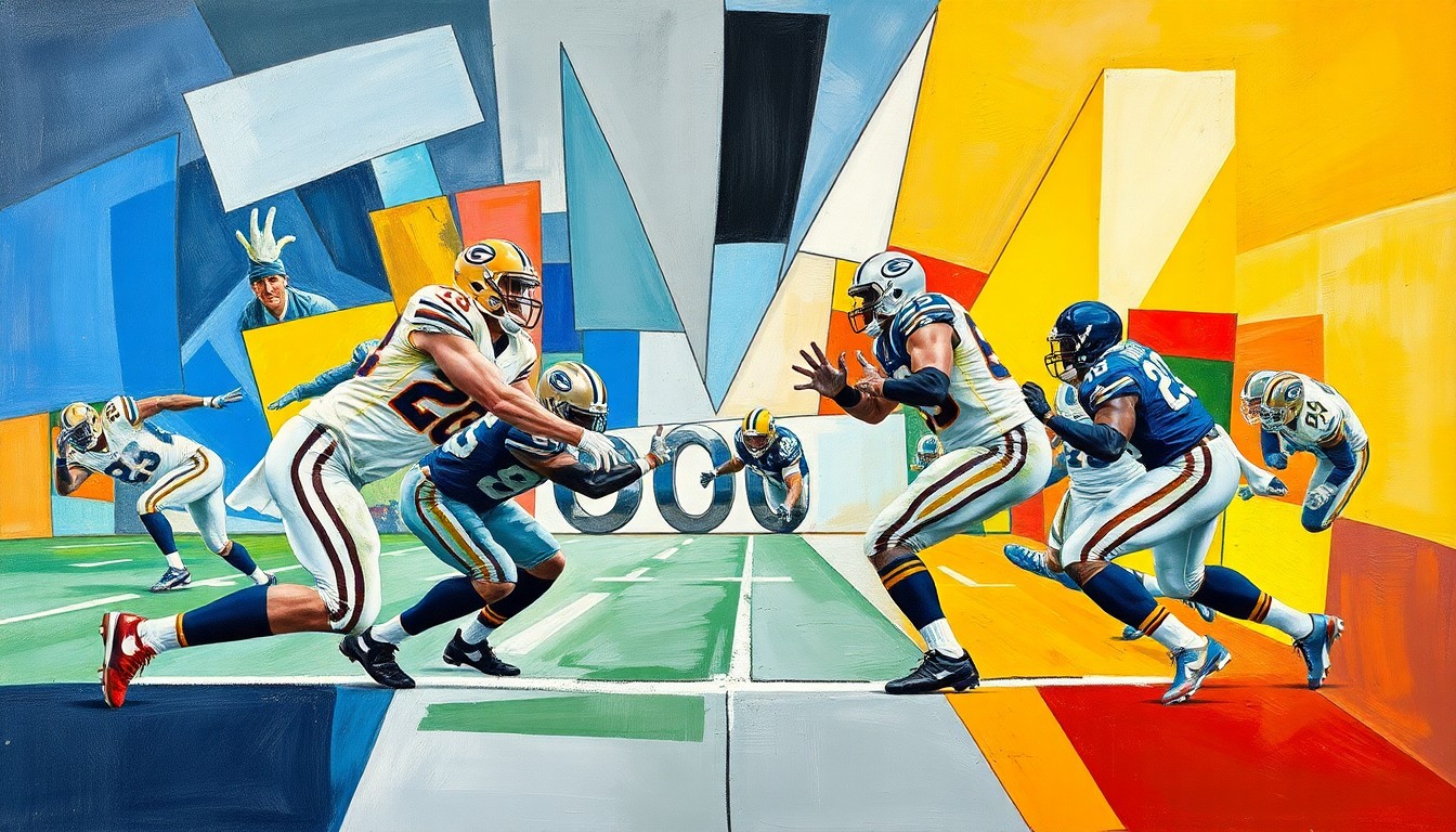 A fragmented, cubist-style painting depicting an offensive line play, with players