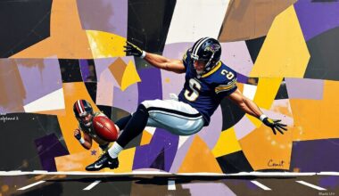 A fragmented, geometric painting depicting the motion of a football punter, using the official colors of the Baltimore Ravens to represent the team