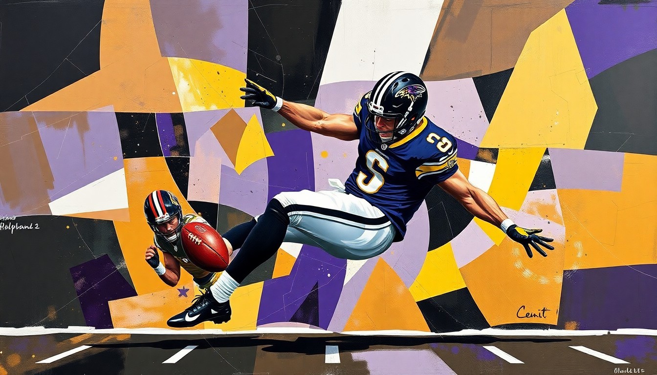 A fragmented, geometric painting depicting the motion of a football punter, using the official colors of the Baltimore Ravens to represent the team