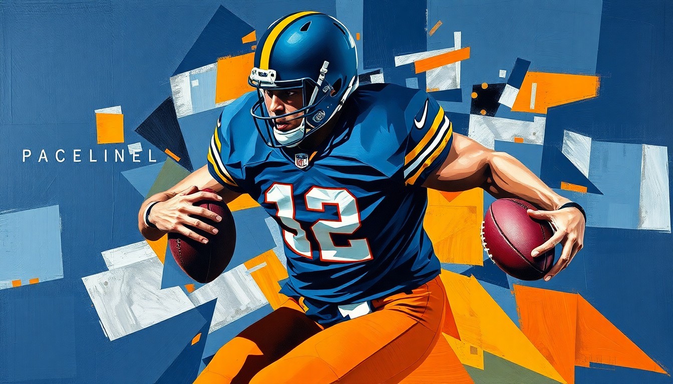 A cubist-style painting depicting a football player in the midst of a pass rush, with sharp geometric shapes and planes in navy, orange, and silver colors, conveying the dynamic energy and disruption of an elite edge defender.