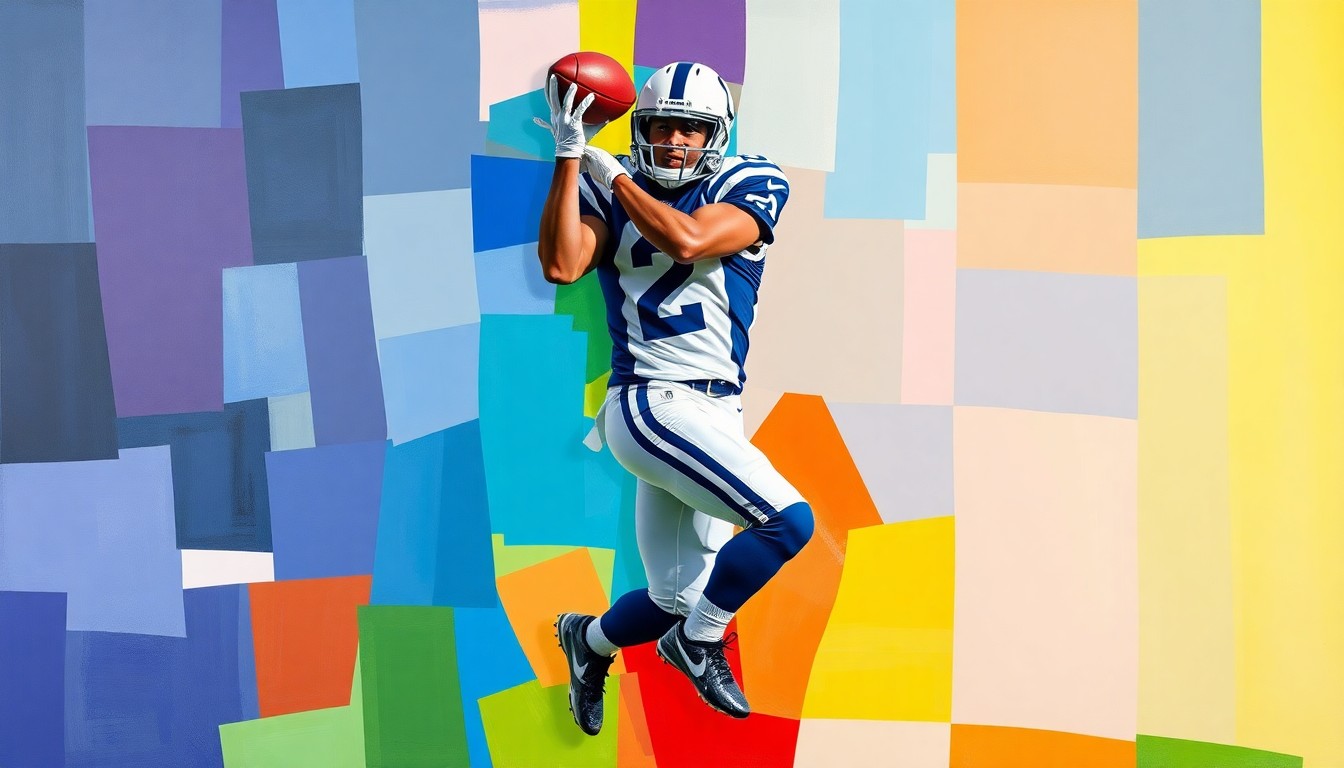 A cubist, geometric painting depicting a football player making a catch, with sharp, overlapping planes of color representing the dynamic action of the play.