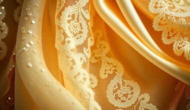 An extreme close-up photograph of shimmering, textured wedding fabrics in soft, luxurious tones, capturing the glamour and opulence of a celebrity wedding.