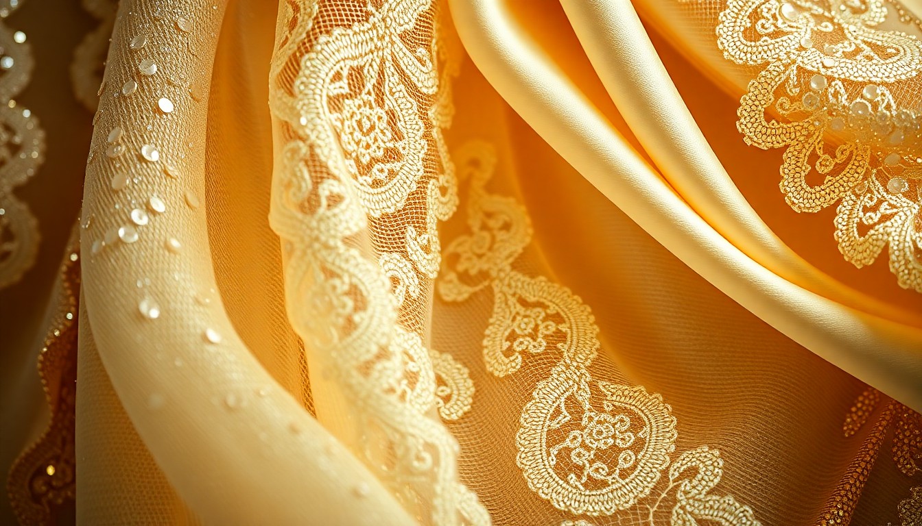 An extreme close-up photograph of shimmering, textured wedding fabrics in soft, luxurious tones, capturing the glamour and opulence of a celebrity wedding.
