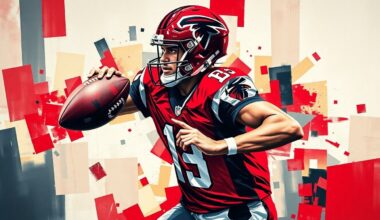 A fractured, cubist-style painting depicting the dynamic motion of a football quarterback, with sharp geometric planes in the Falcons