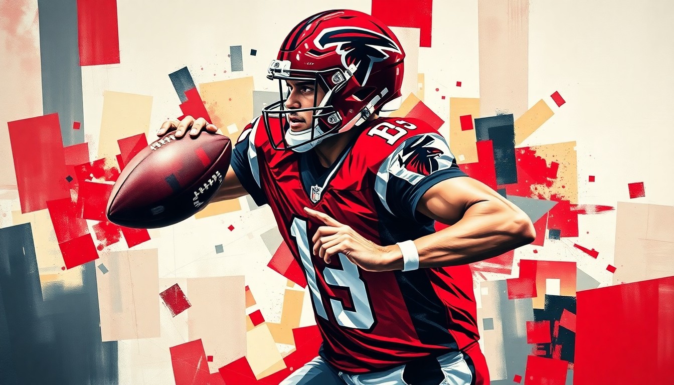 A fractured, cubist-style painting depicting the dynamic motion of a football quarterback, with sharp geometric planes in the Falcons
