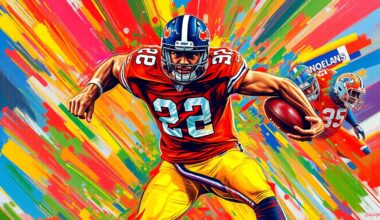 An abstract, energetic painting featuring bold brushstrokes and neon colors that capture the dynamic movement and raw athleticism of a football player in action, conveying the excitement and anticipation surrounding the pre-draft evaluation process.