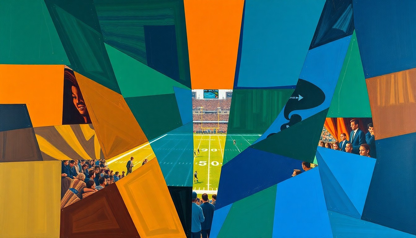 A cubist, geometric painting depicting a fragmented, multi-angled view of a football game or NFL draft scene, with sharp planes of navy, green, and orange representing the chaotic energy of the draft process.