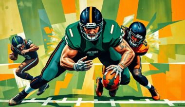 A cubist, geometric painting depicting the explosive movements and collisions of a defensive lineman on the football field, with sharp planes of forest green, navy blue, and burnt orange.