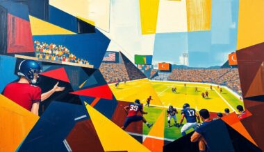 A fractured, geometric painting depicting a football training camp scene, with players and equipment broken down into sharp, overlapping planes of color.