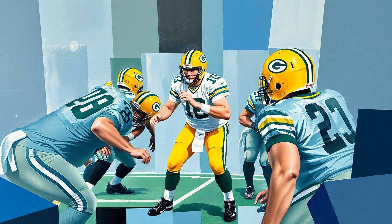 A fragmented, geometric painting depicting a football player in a Packers uniform making a play call, with the figure broken down into sharp, overlapping planes of color, conceptually representing the freedom and responsibility given to the quarterback.