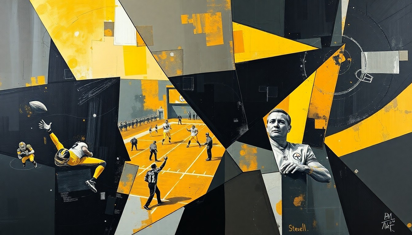 A cubist, geometric painting depicting a fragmented, multi-angled view of a Steelers football game or practice, with sharp planes of black, gold, and steel grey representing the team
