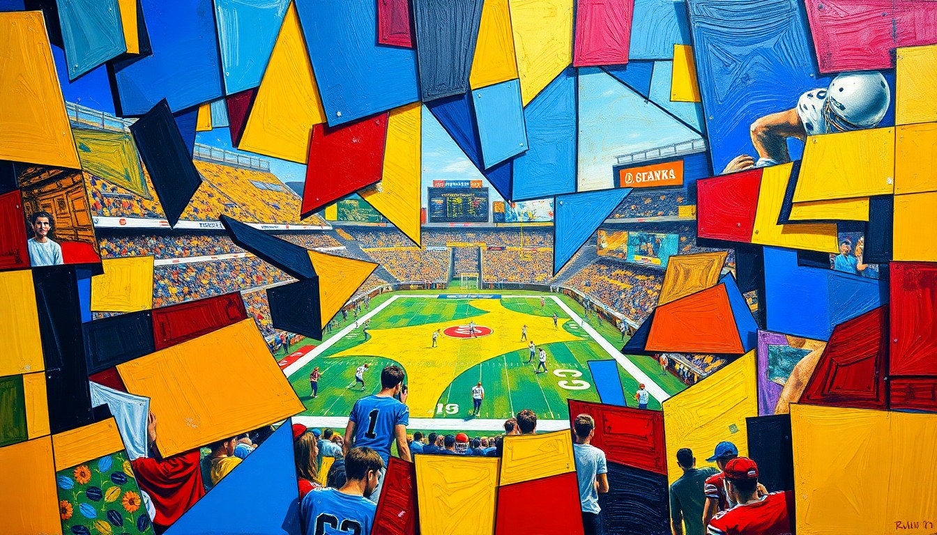 A cubist, geometric painting depicting fragmented football players and draft prospects, with bold colors and sharp, overlapping shapes conveying the energy and unpredictability of the NFL draft process.