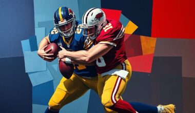 A fragmented, geometric painting depicting a football player in the midst of a sack, with sharp planes of navy, gold, and crimson red conveying the raw power and intensity of the defensive action.