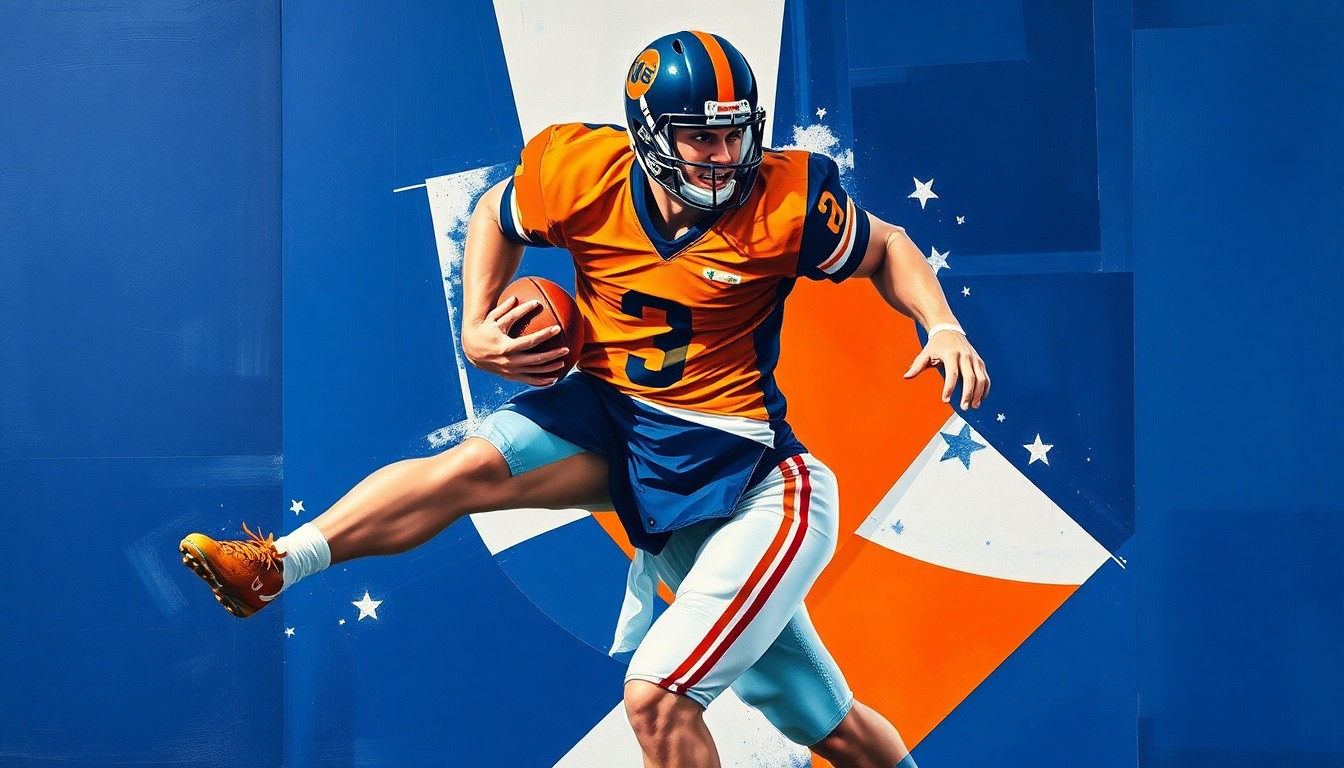 A fragmented, geometric painting depicting a football player in motion, with sharp planes of navy blue, orange, and white intersecting to capture the player