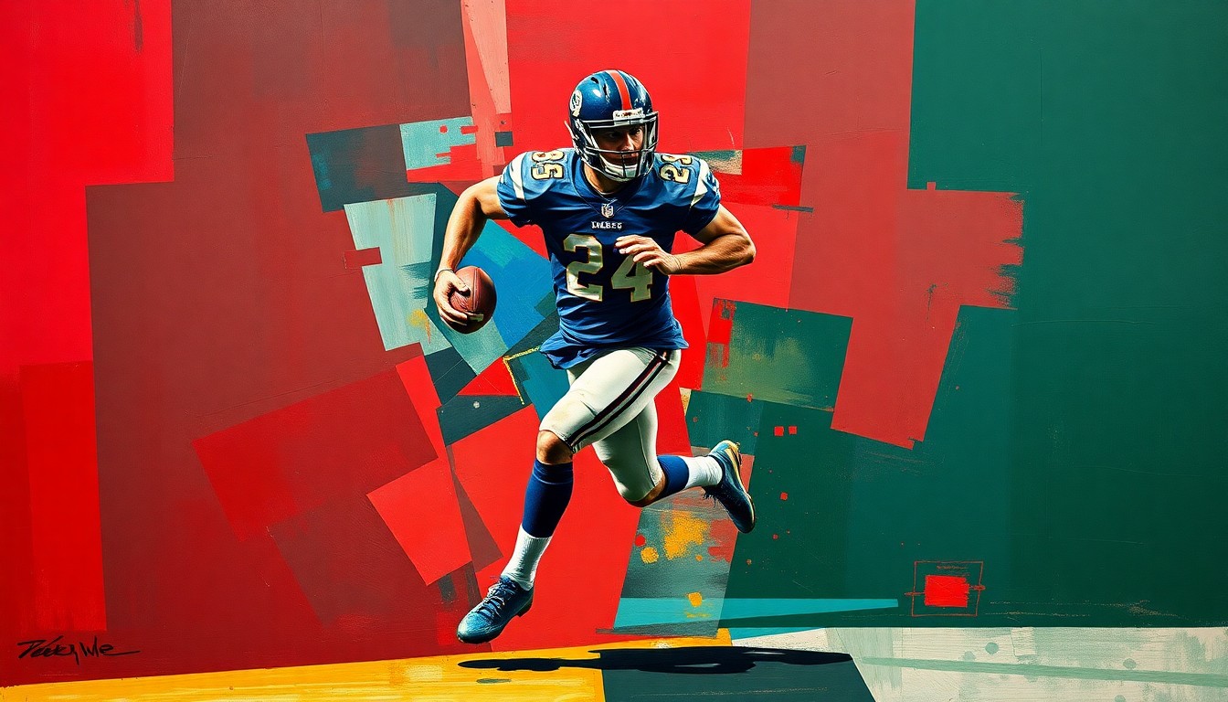 A cubist, geometric painting depicting a football player in motion, with the figure broken down into sharp, overlapping planes of color representing the dynamic energy of the sport.