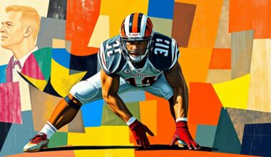 A fragmented, cubist-style painting depicting a football player