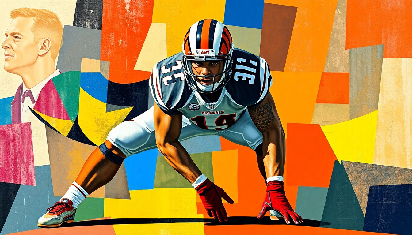 A fragmented, cubist-style painting depicting a football player