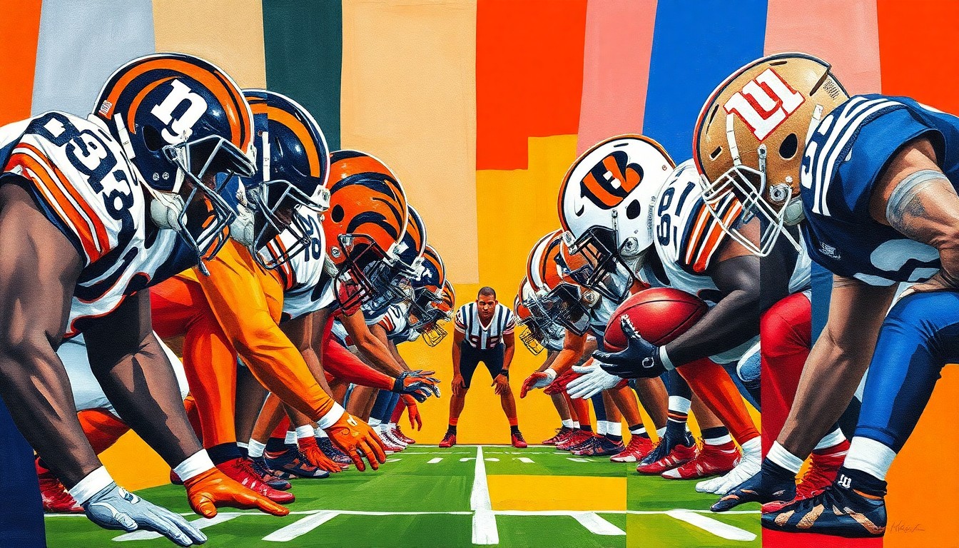 A cubist, geometric painting depicting the overlapping, fragmented forms of football players in the colors of the Cincinnati Bengals and New York Giants, conceptually representing the potential trade and reunion of defensive linemen BJ Hill and Dexter Lawrence.