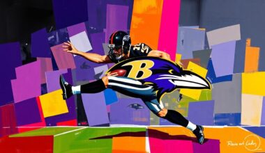 A fractured, cubist-style painting depicting the geometric shapes and planes of a football punting motion, using the Ravens
