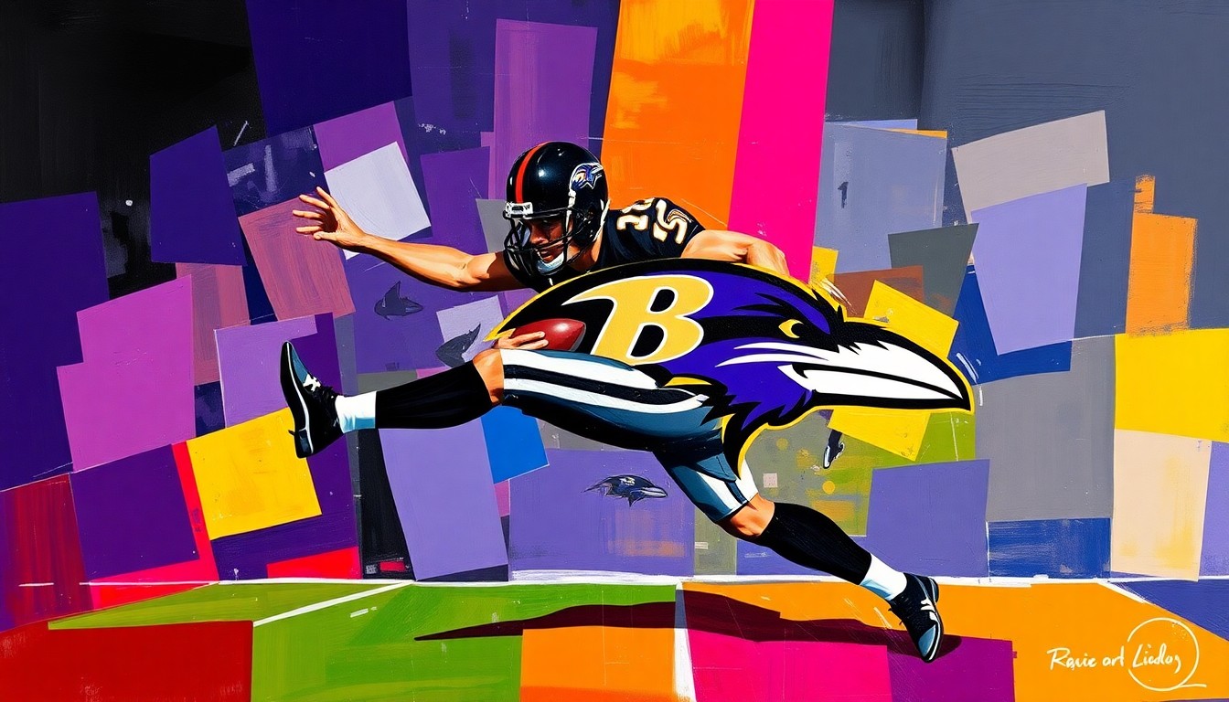 A fractured, cubist-style painting depicting the geometric shapes and planes of a football punting motion, using the Ravens