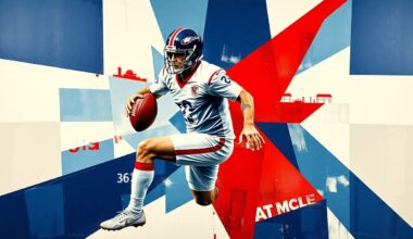 A cubist, geometric painting depicting a football player in motion, with sharp, overlapping planes of navy blue, red, and white, conveying the conceptual idea of a roster transaction.