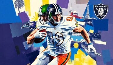 A fractured, cubist-style painting depicting a football player in mid-motion, broken down into sharp geometric shapes and planes in the official team colors of the Baltimore Ravens and Las Vegas Raiders, conceptually representing the failed trade negotiations between the two clubs.