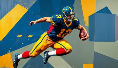 A cubist, geometric painting depicting a football player in motion, with sharp, overlapping planes of navy blue, gold, and crimson red, conveying the fractured nature of the Broncos