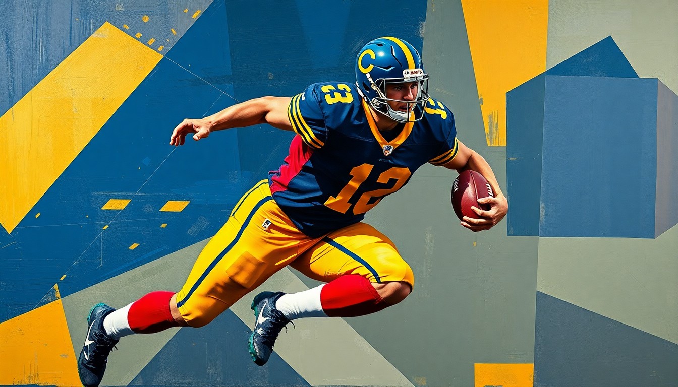 A cubist, geometric painting depicting a football player in motion, with sharp, overlapping planes of navy blue, gold, and crimson red, conveying the fractured nature of the Broncos